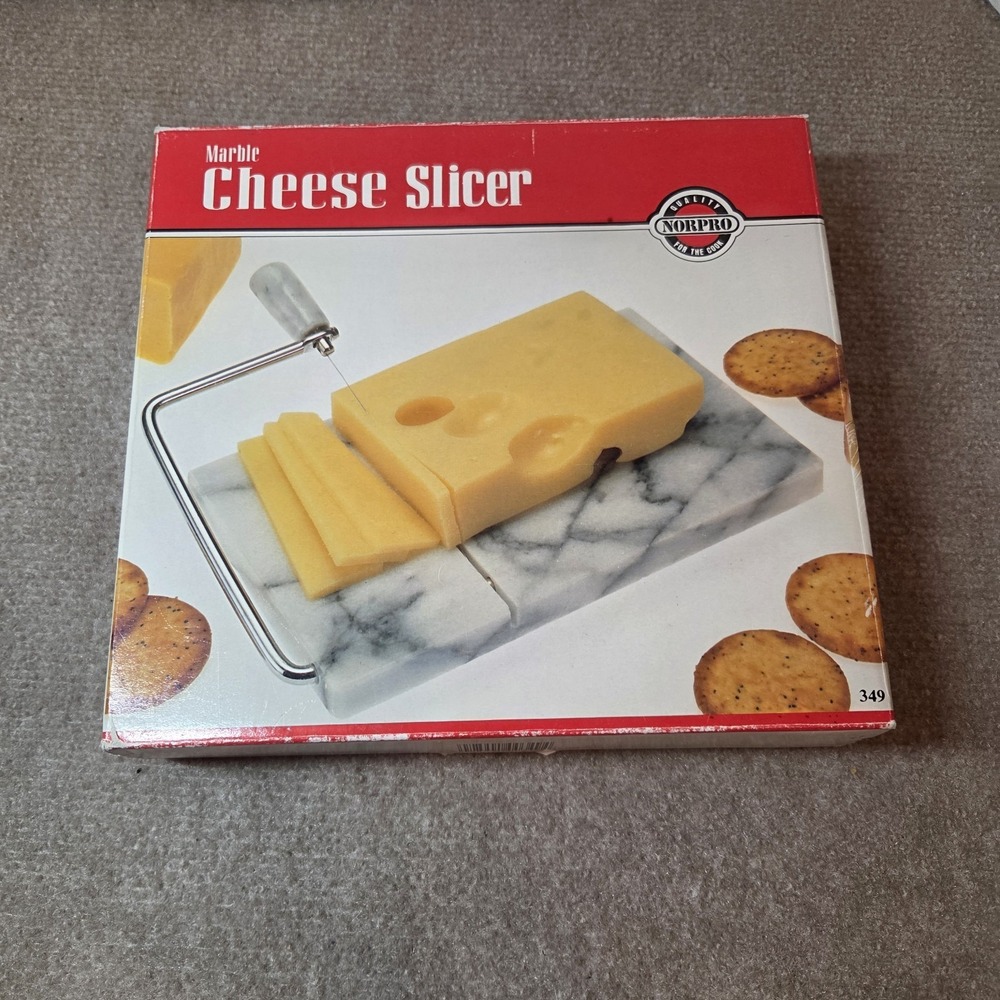 Marble Cheese Slicer Board and X Wire White 8×5×3/4" Solid Vintage W/Box